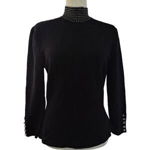 Don Sayres For Wellmore Women's Black Knit Long Sleeve Bejeweled Top Blouse Sz 8
